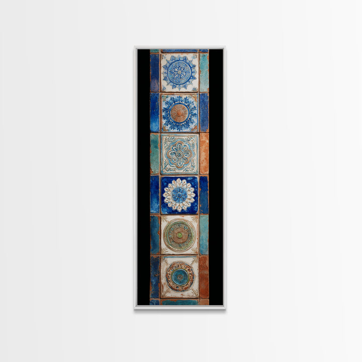 Blue and White Tile Pattern Framed Canvas Print, Mediterranean Art, Printable Wall Art, Living Room Decor, Fine Art, Azure, MAR-1x3-64