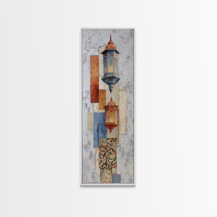 Moroccan Influenced Lantern Framed Canvas Print, Mediterranean Art, Travel Poster, Living Room Decor, Oil Painting, Azure, MAR-1x3-69