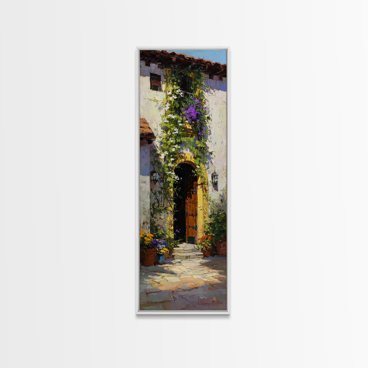 Sunlit Courtyard Doorway Framed Canvas Print, Mediterranean Art, Farmhouse Decor, Living Room Decor, Fine Art, Azure, MAR-1x3-71