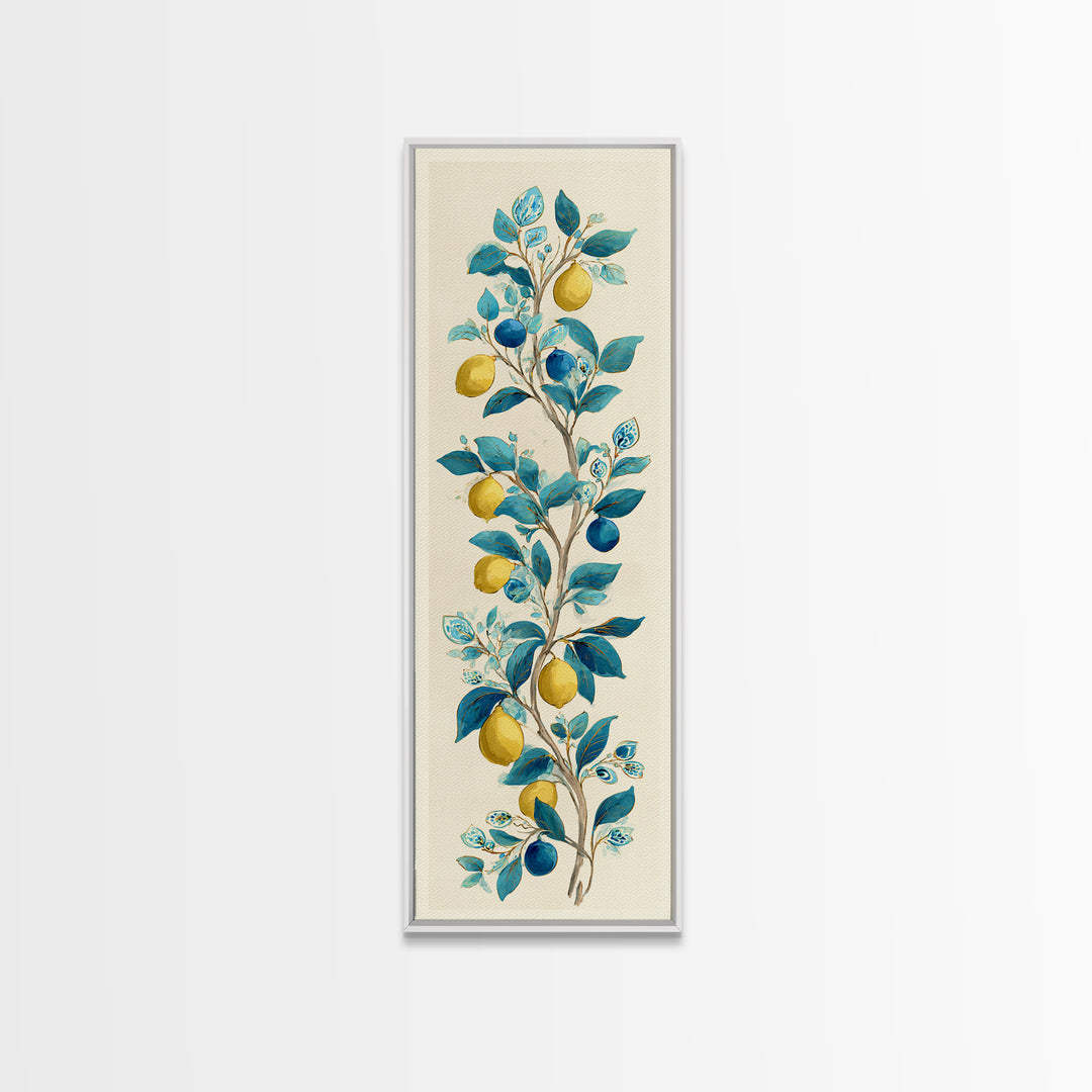 Sicilian Lemon Branch on Ivory Background Canvas Print, Mediterranean Art, Living Room Decor, Oil Painting, Azure, MAR-1x3-73