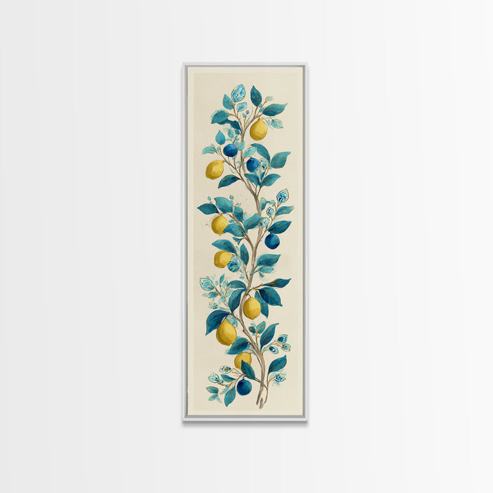 Sicilian Lemon Branch on Ivory Background Canvas Print, Mediterranean Art, Living Room Decor, Oil Painting, Azure, MAR-1x3-73