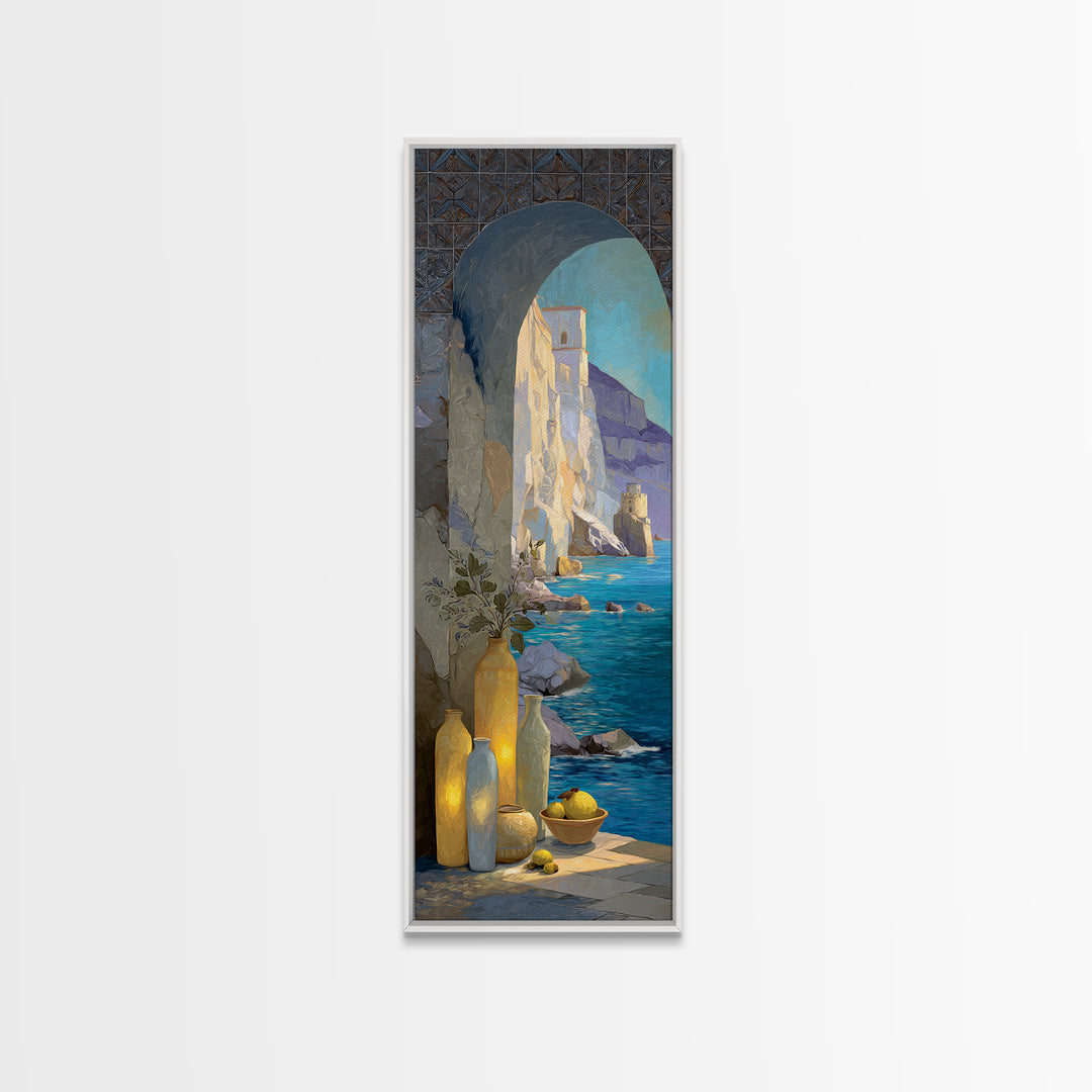Coastal Cliffs with Sparkling Blue Water Framed Canvas Print, Mediterranean Art, Beach Prints, Living Room Decor, Azure, MAR-1x3-8
