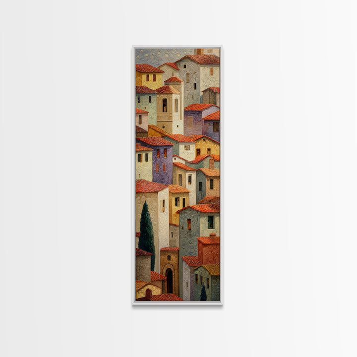 Sunset over Red Tiled Rooftops Framed Canvas Print, Mediterranean Art, Digital Print, Living Room Decor, Fine Art, Azure, MAR-1x3-83