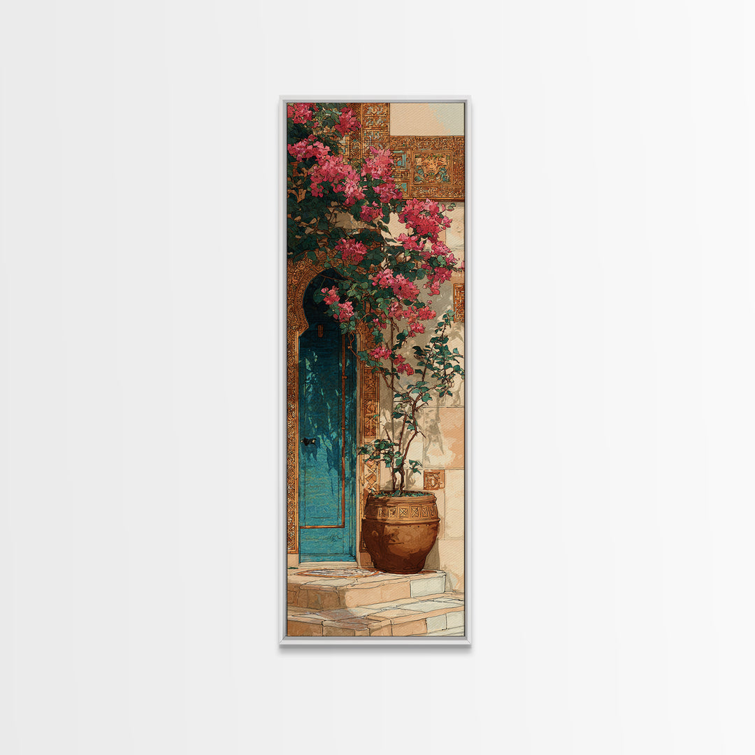Bougainvillea Cascading over Stone Wall Canvas Print, Mediterranean Art, Watercolor Painting, Living Room Decor, Azure, MAR-1x3-89