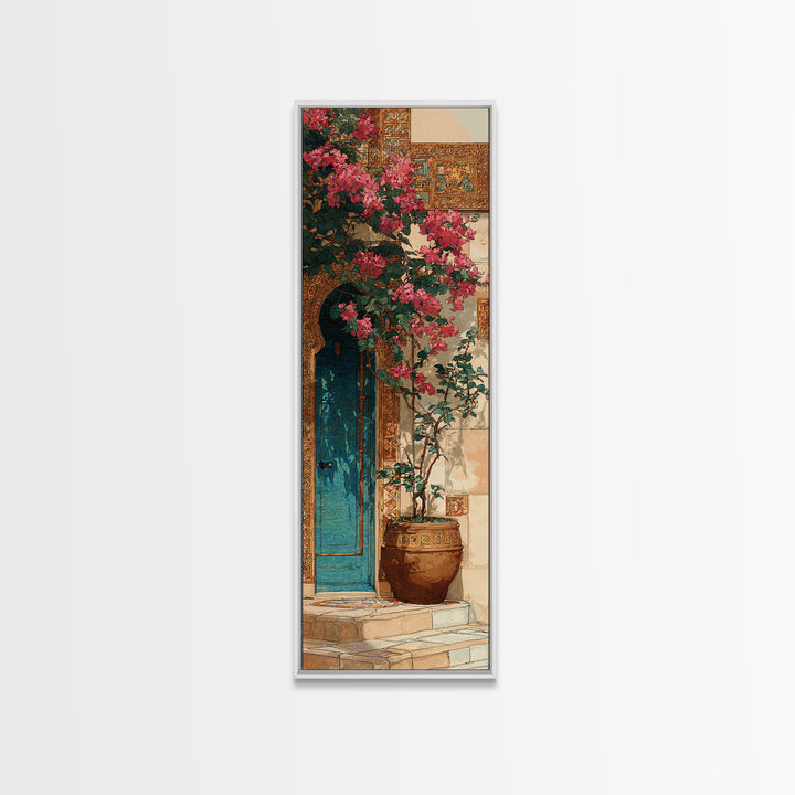 Bougainvillea Cascading over Stone Wall Canvas Print, Mediterranean Art, Watercolor Painting, Living Room Decor, Azure, MAR-1x3-89