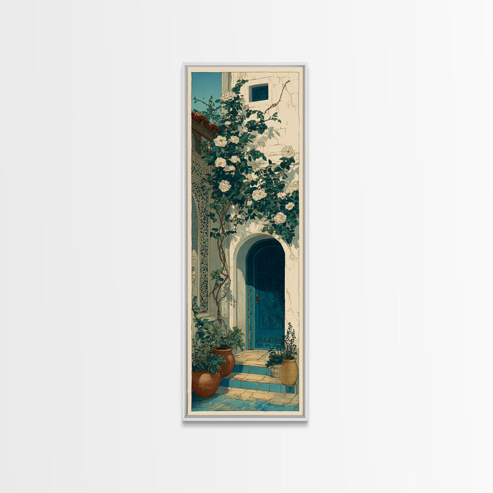 Sunlit Courtyard Doorway Canvas Print, Mediterranean Art, Nautical Decor, Living Room Decor, Oil Painting, Azure, MAR-1x3-95