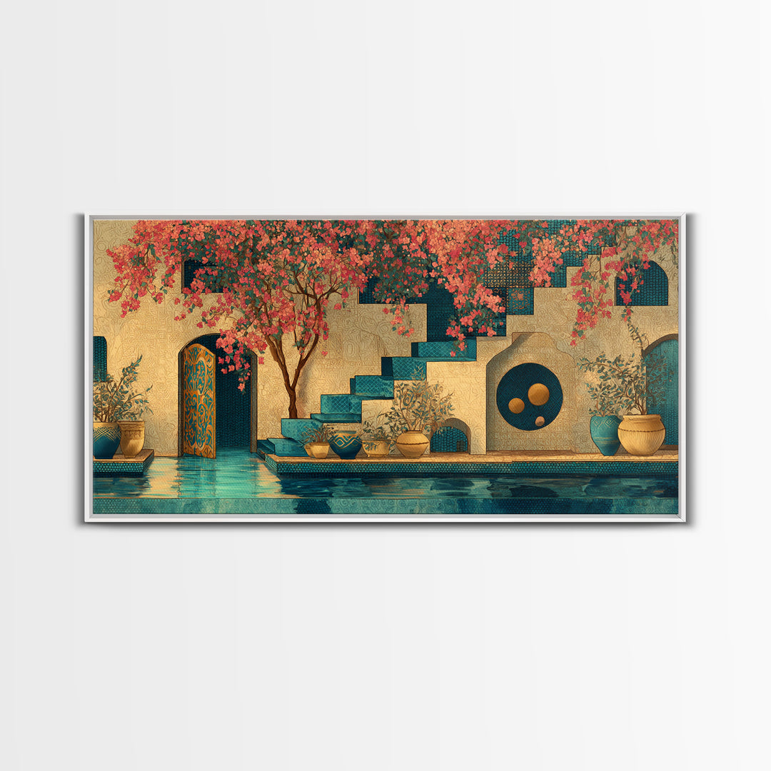 Bougainvillea Cascading over Stone Wall Framed Canvas Print, Mediterranean Art, Art Print, Living Room Decor, Fine Art, Azure, MAR-2x1-1