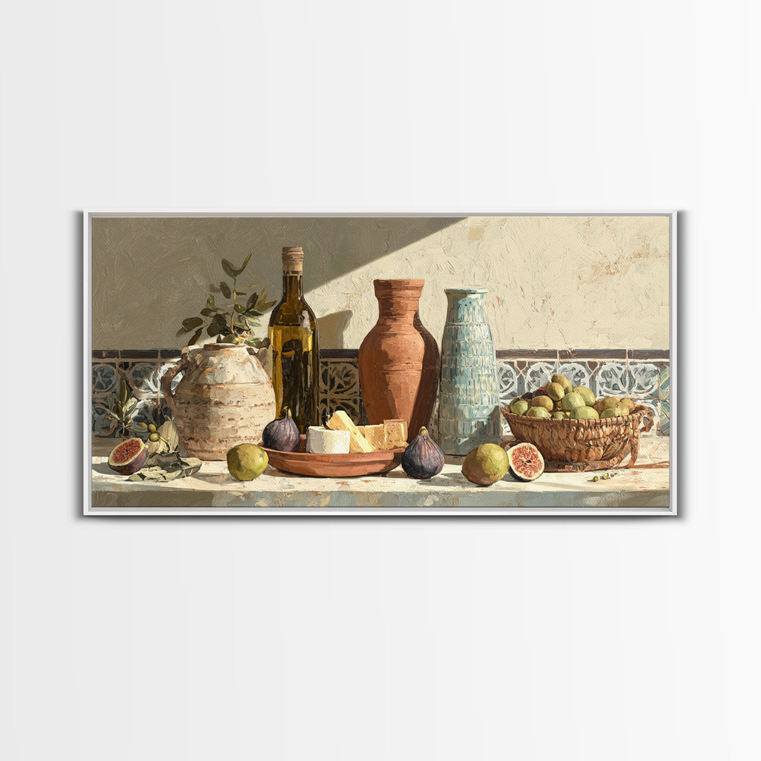 Figs Olives and Cheese Still Life Framed Canvas Print, Mediterranean Art, Minimalist Wall Art, Living Room Decor, Azure, MAR-2x1-100