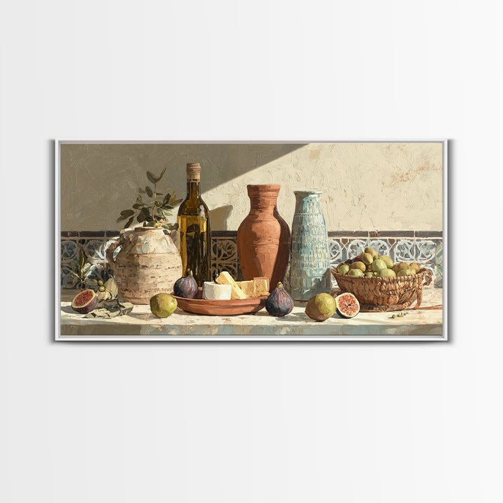 Figs Olives and Cheese Still Life Framed Canvas Print, Mediterranean Art, Minimalist Wall Art, Living Room Decor, Azure, MAR-2x1-100
