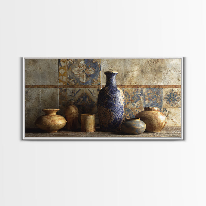 Spanish Tile Ornament Framed Canvas Print, Mediterranean Art, Luxury Decor, Living Room Decor, Fine Art, Azure, Framed Wall Art, MAR-2x1-12