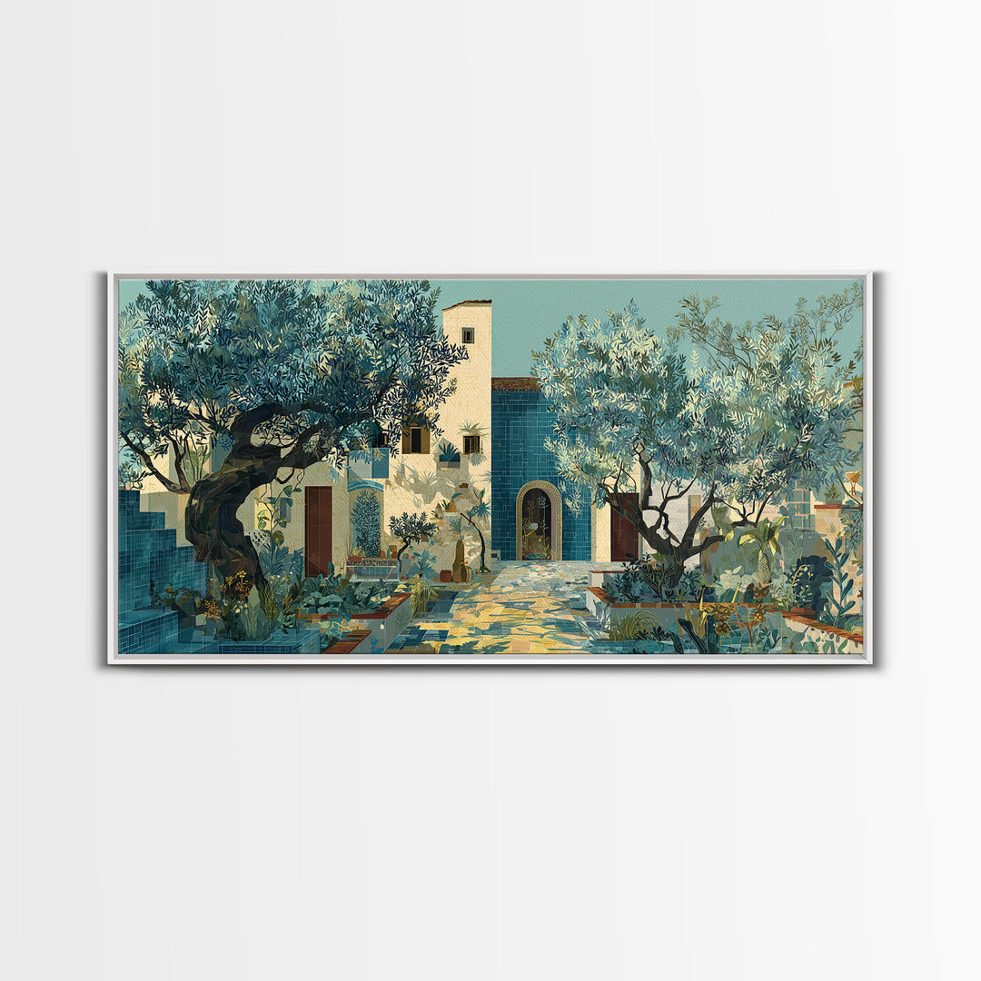 Olive Grove under Pale Morning Light Framed Canvas Print, Mediterranean Art, Boho Decor, Living Room Decor, Fine Art, Azure, MAR-2x1-13
