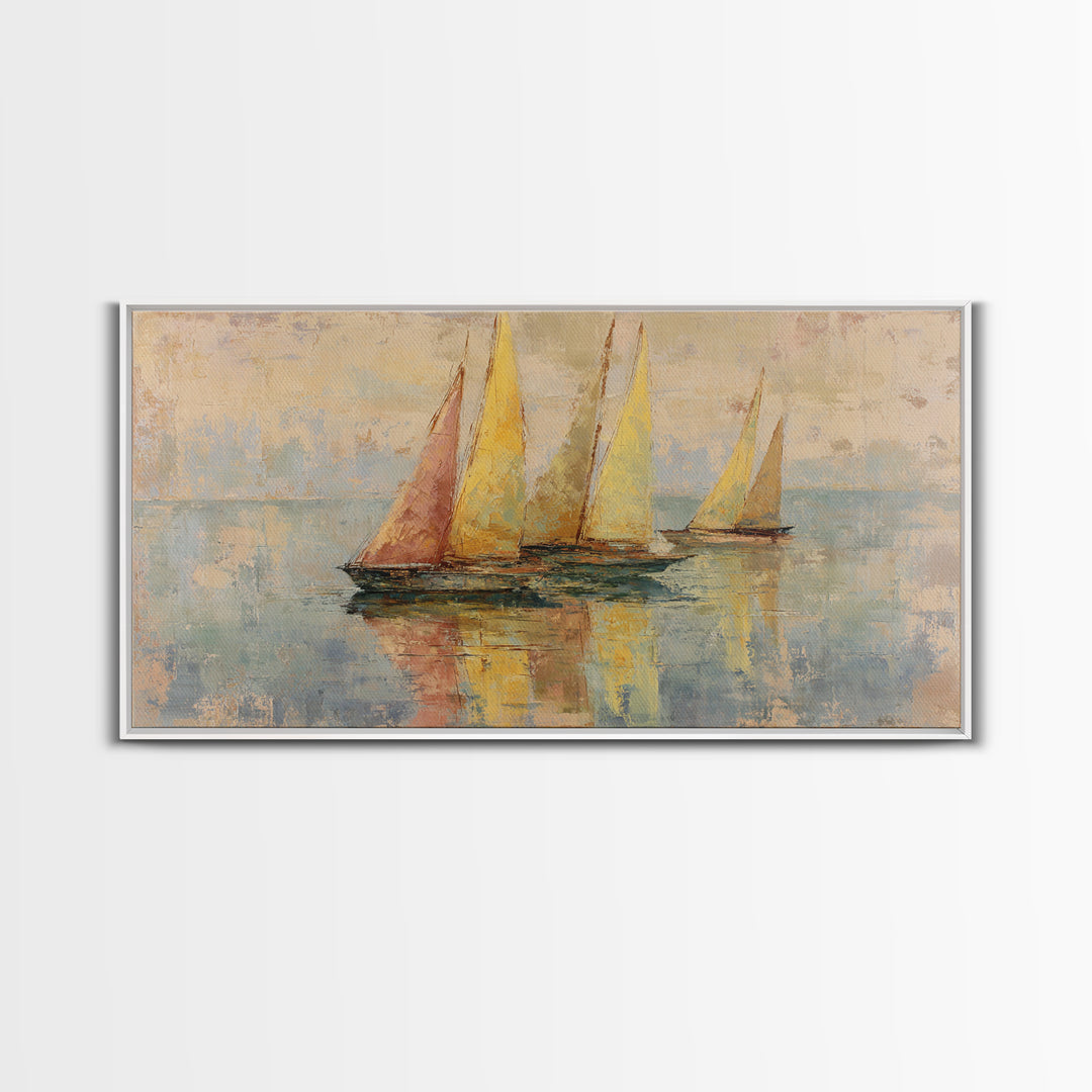 Mediterranean Sailboat on Glassy Water Framed Canvas Print, Mediterranean Art, Travel Poster, Living Room Decor, Watercolor Art, MAR-2x1-14