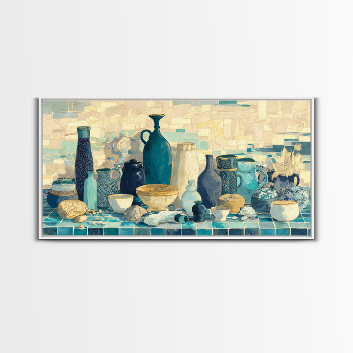 Coastal Cliffs with Sparkling Blue Water Framed Canvas Print, Mediterranean Art, Modern Decor, Living Room Decor, Azure, MAR-2x1-16