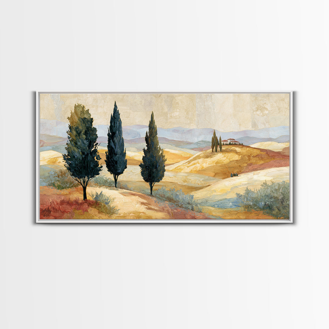 Tuscan Cypress Trees and Golden Hillside Canvas Print, Mediterranean Art, Neutral Decor, Living Room Decor, Abstract Art, Azure, MAR-2x1-2