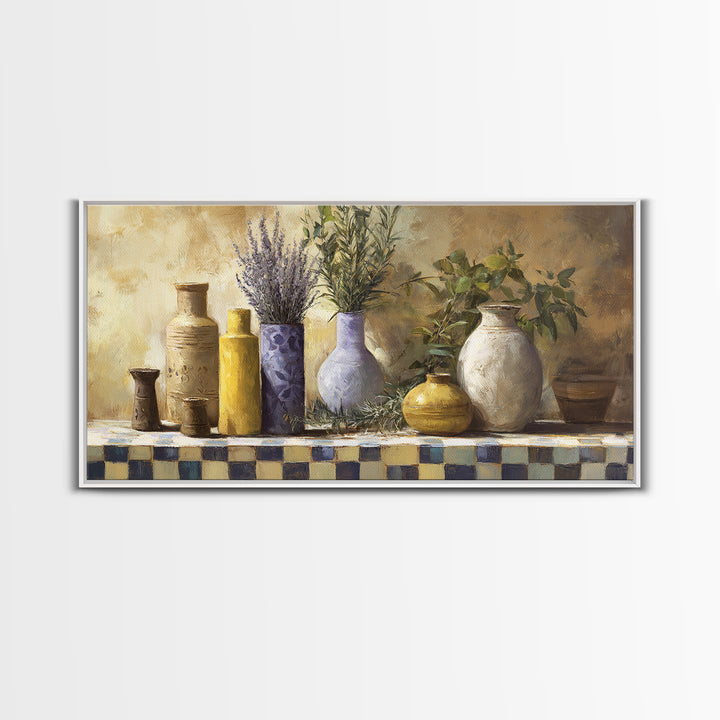 Wild Herbs Rosemary and Thyme Botanical Study Framed Canvas Print, Mediterranean Art, Fine Art Print, Living Room Decor, Azure, MAR-2x1-20