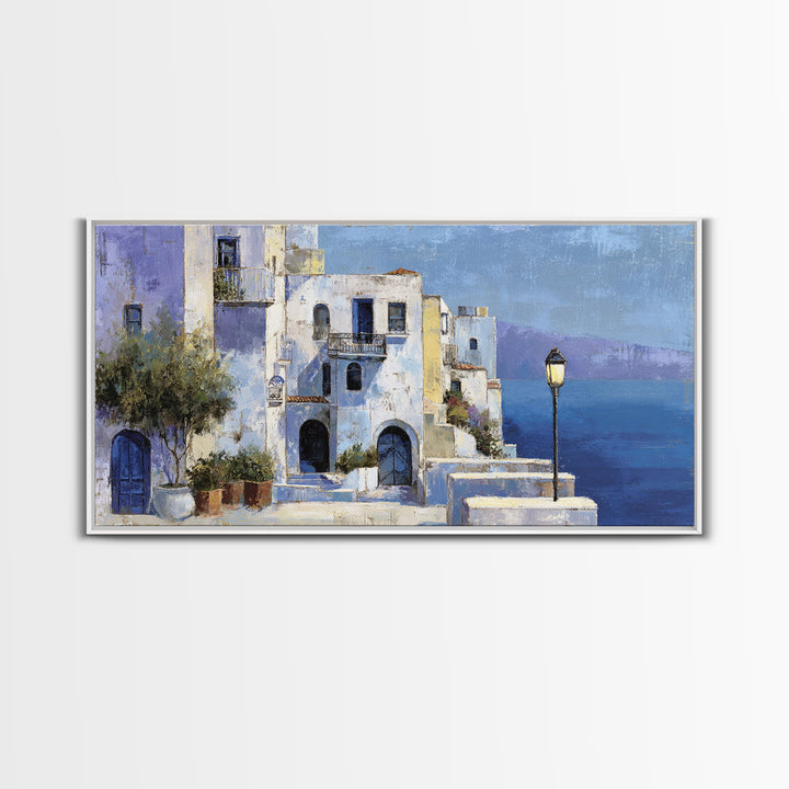 Greek Island White Buildings Above Blue Sea Canvas Print, Mediterranean Art, Luxury Decor, Living Room Decor, Oil Painting, MAR-2x1-21