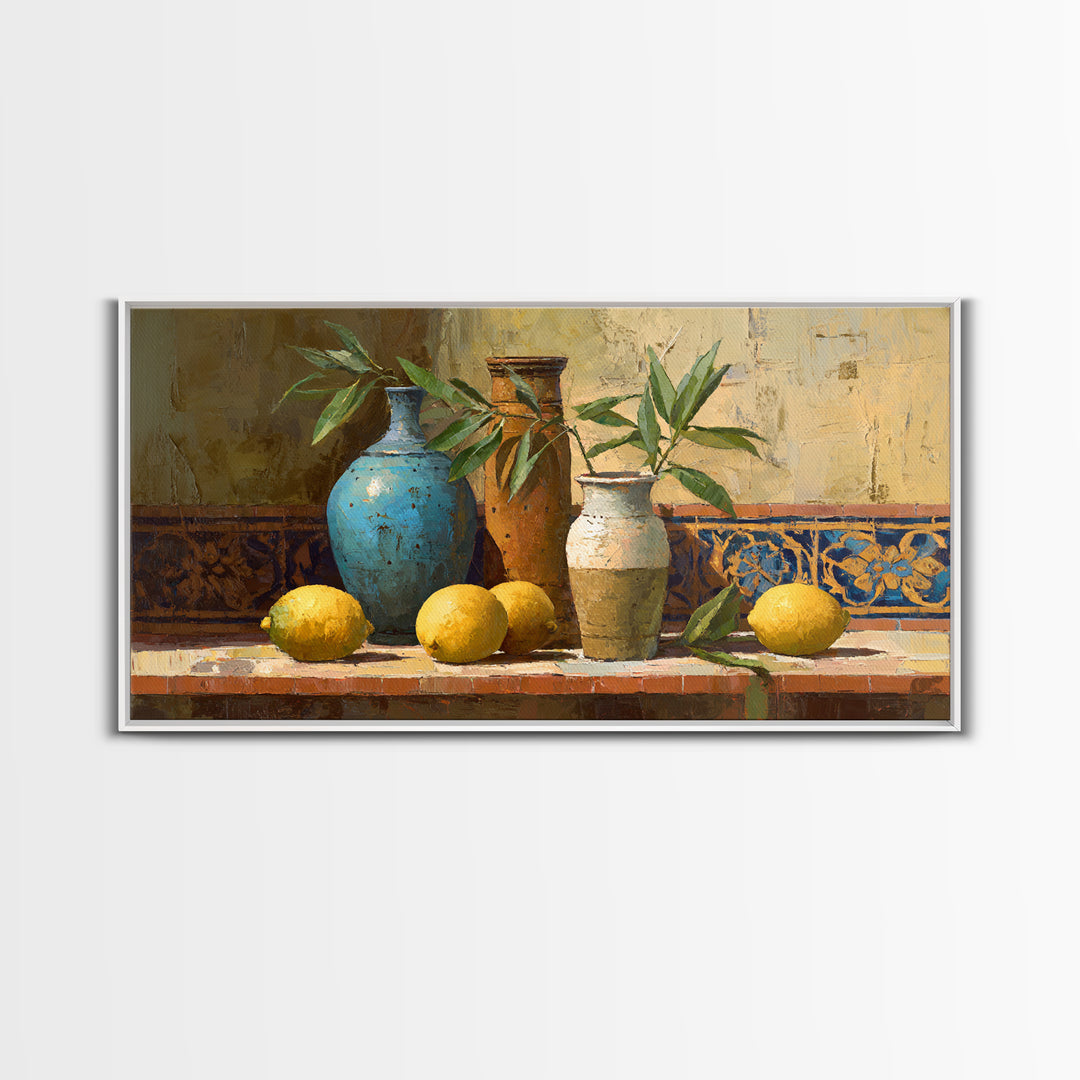 Olive Branch and Lemons on Terracotta Ground Canvas Print, Mediterranean Art, Wall Decor, Living Room Decor, Fine Art, Azure, MAR-2x1-22