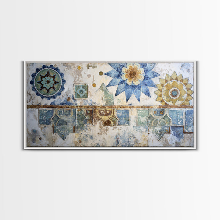 Blue and White Tile Pattern Framed Canvas Print, Mediterranean Art, Textured Painting, Living Room Decor, Fine Art, Azure, MAR-2x1-24