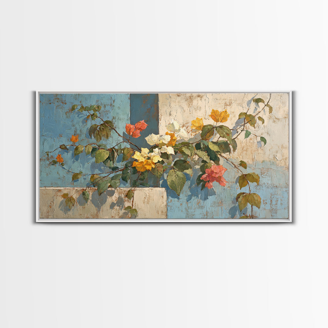 Bougainvillea Cascading over Stone Wall Framed Canvas Print, Mediterranean Art, Art Print, Living Room Decor, Fine Art, Azure, MAR-2x1-25