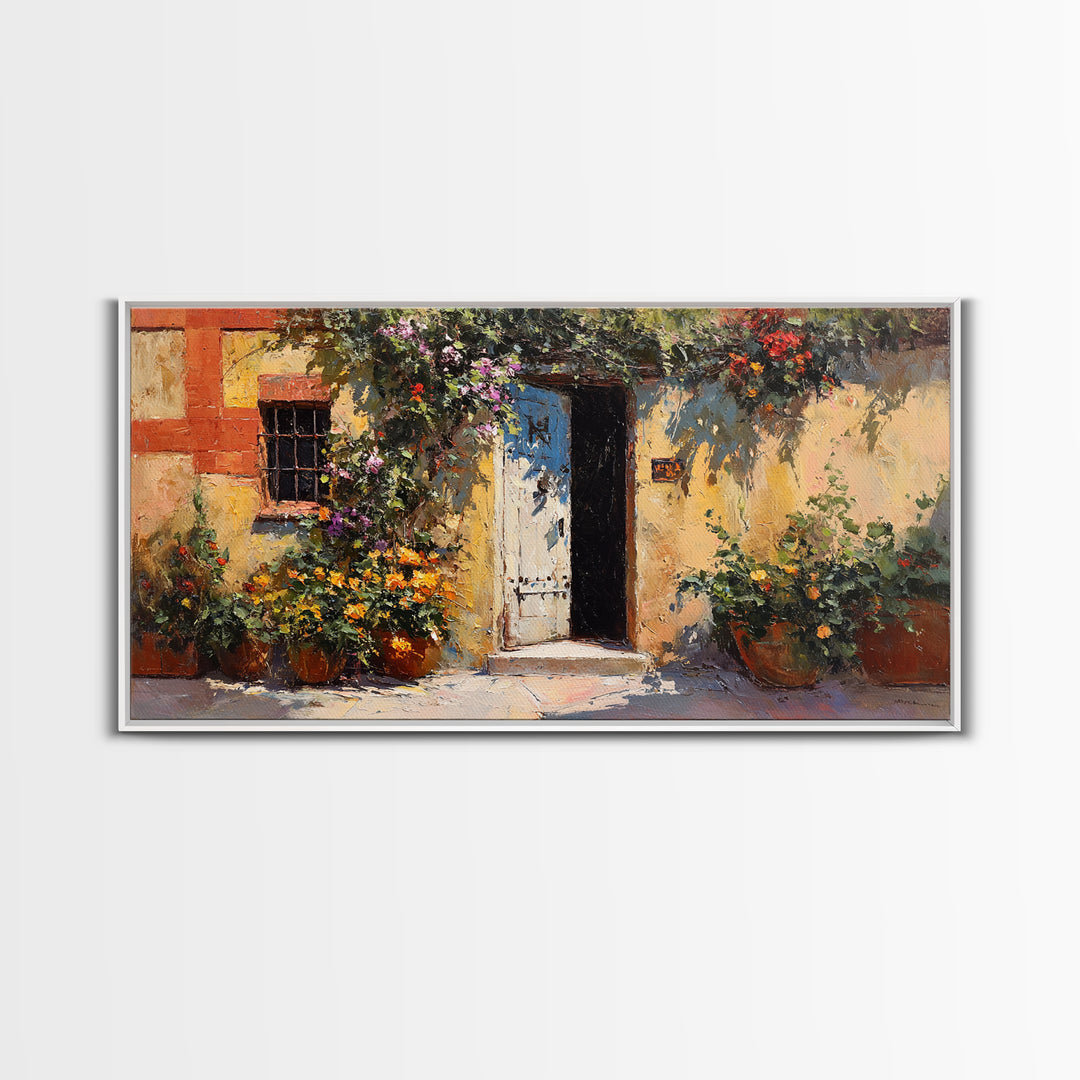 Sunlit Courtyard Doorway Canvas Print, Mediterranean Art, Large Wall Art, Living Room Decor, Azure, Digital Art Prints, MAR-2x1-31