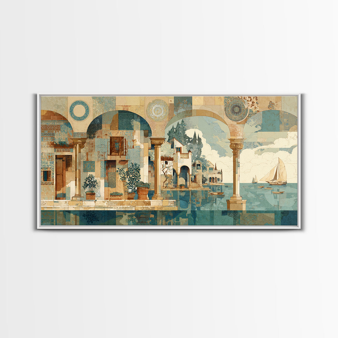 Ancient Column with Sea and Sky Beyond Canvas Print, Mediterranean Art, Minimalist Decor, Living Room Decor, Oil Painting, MAR-2x1-32