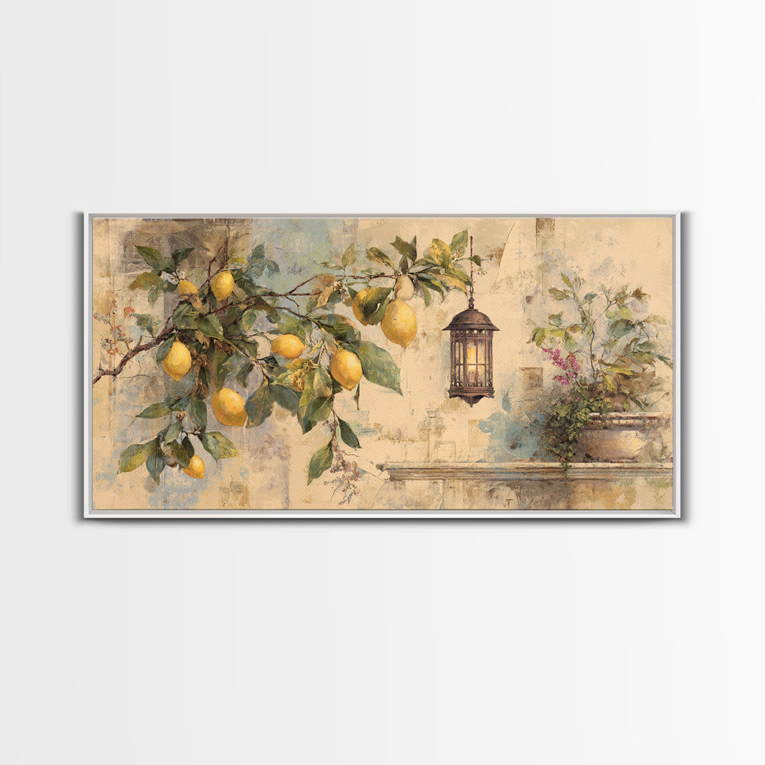 Sicilian Lemon Branch on Ivory Background Canvas Print, Mediterranean Art, Statement Artwork, Living Room Decor, Azure, MAR-2x1-33
