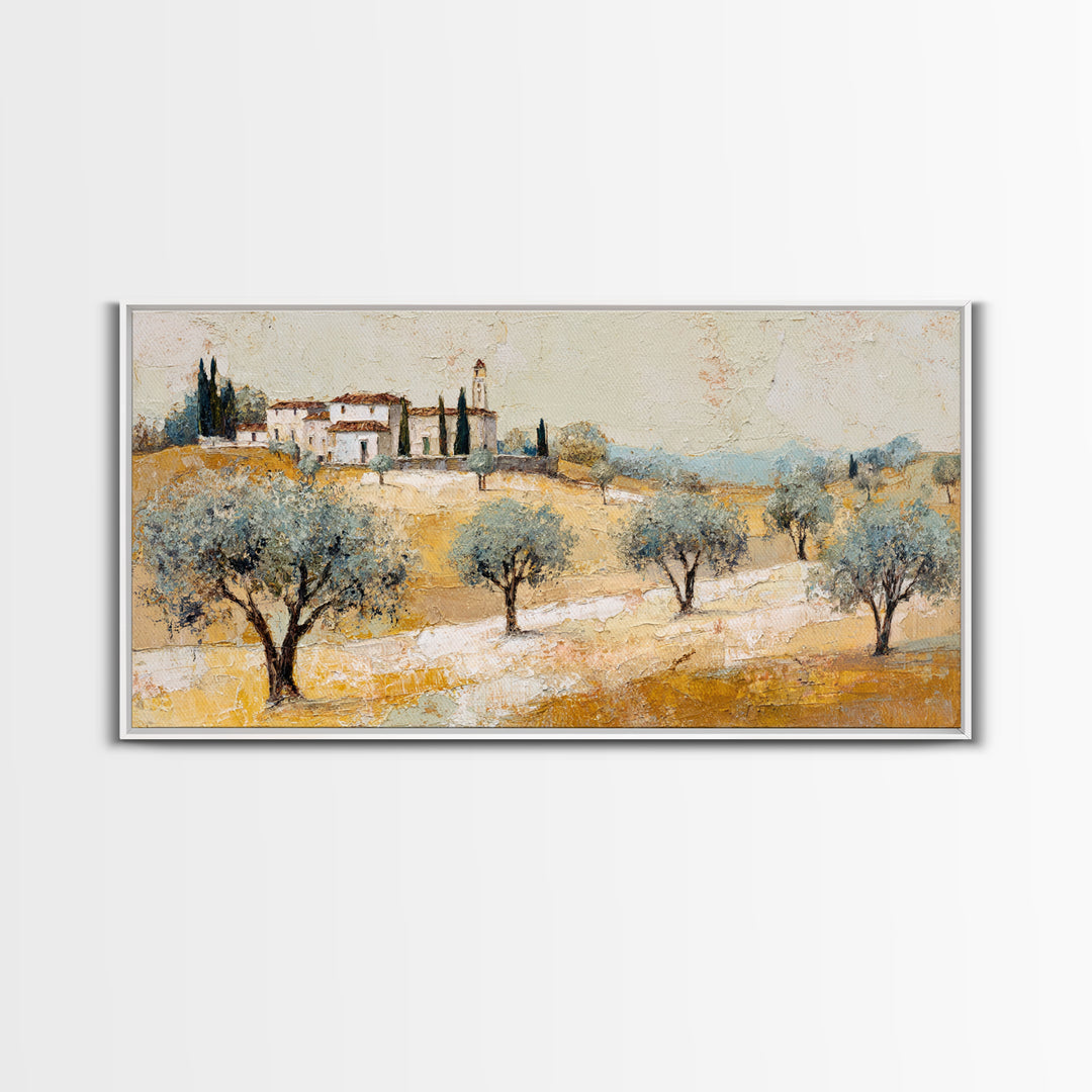 Olive Grove under Pale Morning Light Framed Canvas Print, Mediterranean Art, Boho Decor, Living Room Decor, Fine Art, Azure, MAR-2x1-37