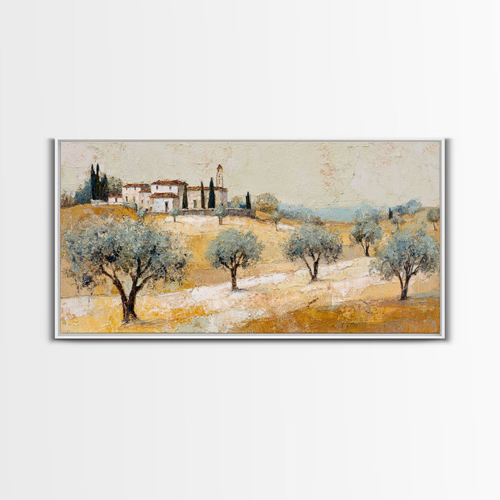 Olive Grove under Pale Morning Light Framed Canvas Print, Mediterranean Art, Boho Decor, Living Room Decor, Fine Art, Azure, MAR-2x1-37