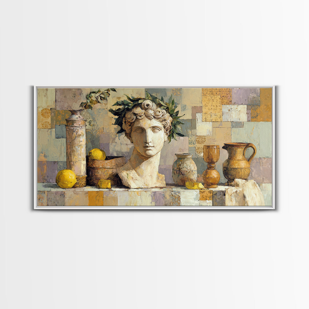 Roman Statue Bust Framed Canvas Print, Mediterranean Art, Gallery Decor, Living Room Decor, Fine Art, Azure, Minimalist Decor, MAR-2x1-42