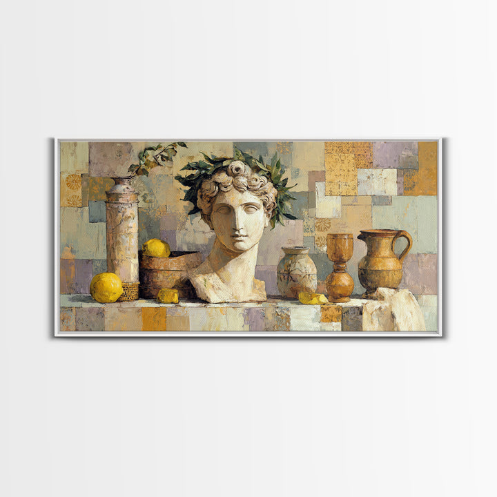 Roman Statue Bust Framed Canvas Print, Mediterranean Art, Gallery Decor, Living Room Decor, Fine Art, Azure, Minimalist Decor, MAR-2x1-42