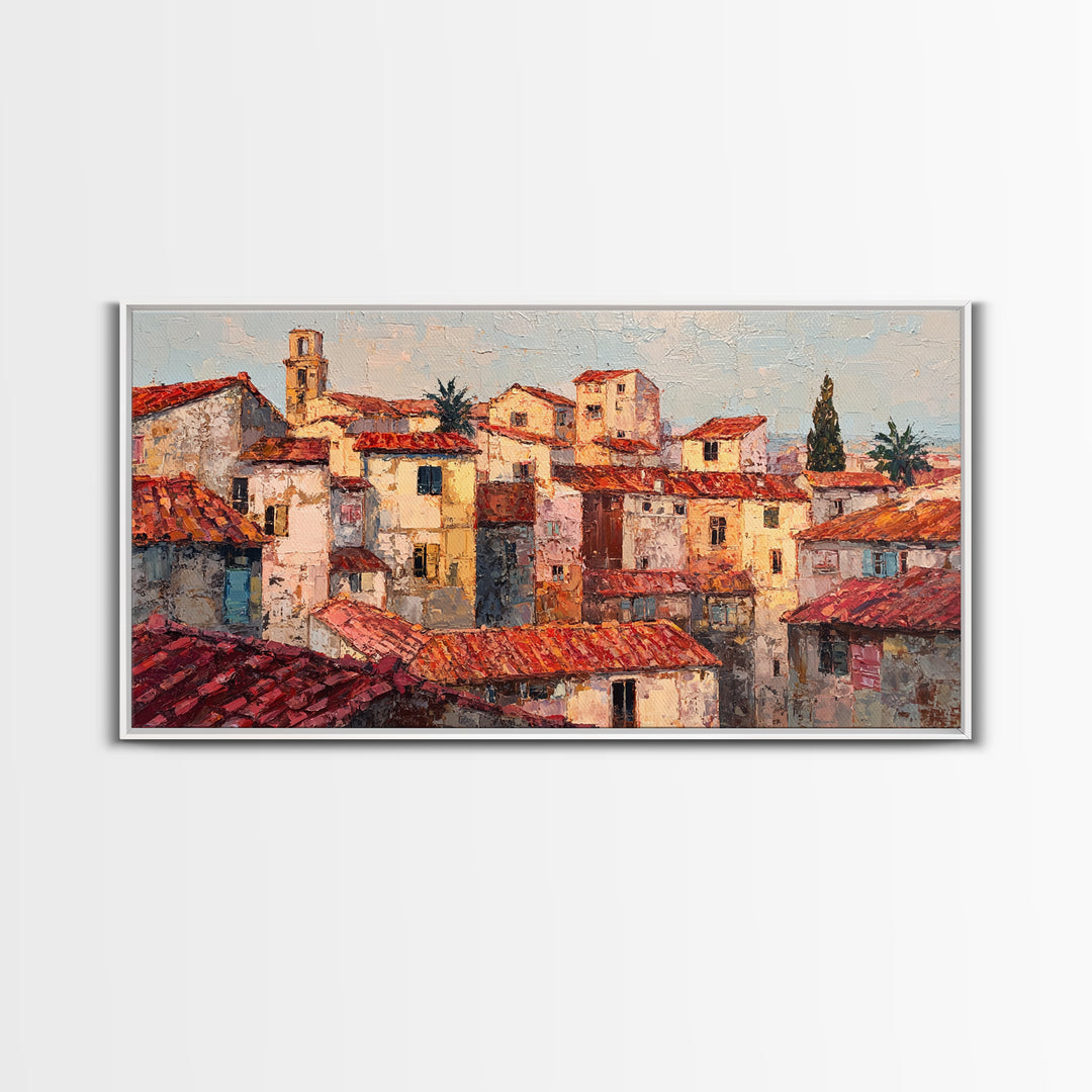 Sunset over Red Tiled Rooftops Framed Canvas Print, Mediterranean Art, Original Painting, Living Room Decor, Fine Art, Azure, MAR-2x1-43