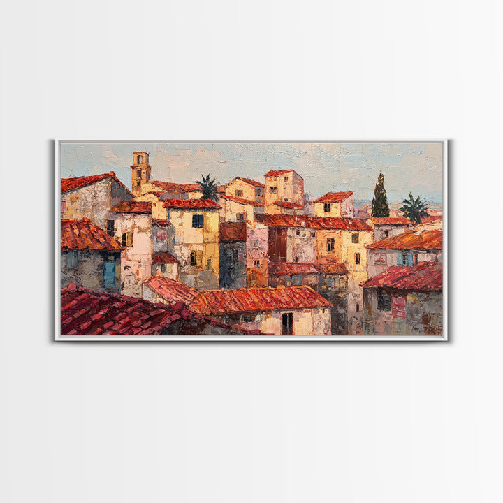 Sunset over Red Tiled Rooftops Framed Canvas Print, Mediterranean Art, Original Painting, Living Room Decor, Fine Art, Azure, MAR-2x1-43