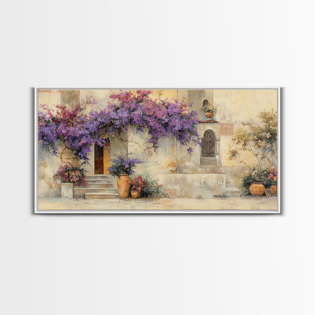 Bougainvillea Cascading over Stone Wall Canvas Print, Mediterranean Art, Home Decor, Living Room Decor, Fine Art, Azure, MAR-2x1-49