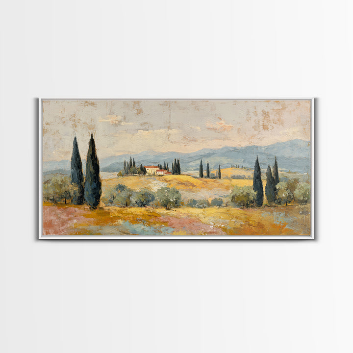 Tuscan Cypress Trees and Golden Hillside Framed Canvas Print, Mediterranean Art, Luxury Decor, Living Room Decor, Azure, MAR-2x1-50