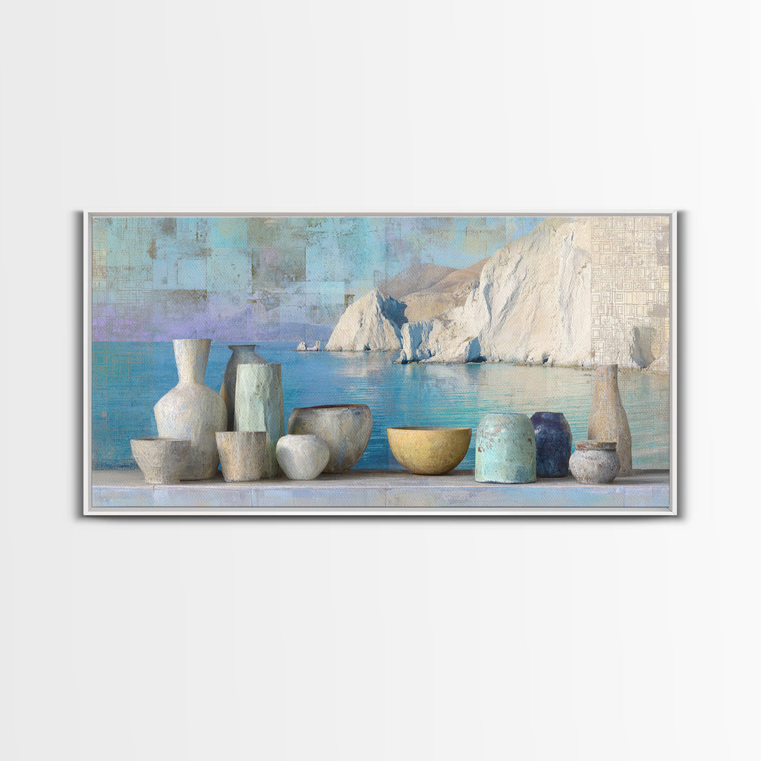 Coastal Cliffs with Sparkling Blue Water Canvas Print, Mediterranean Art, Framed Wall Art, Living Room Decor, Fine Art, Azure, MAR-2x1-64