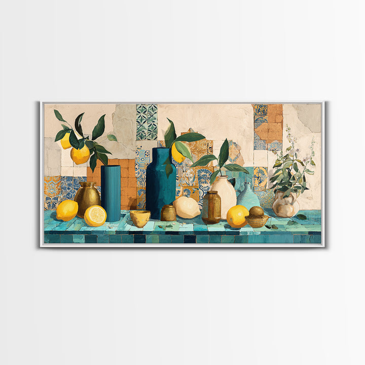 Olive Branch and Lemons on Terracotta Ground Canvas Print, Mediterranean Art, Minimalist Decor, Living Room Decor, Oil Painting, MAR-2x1-70