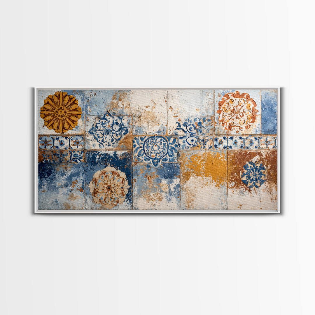 Blue and White Tile Pattern Framed Canvas Print, Mediterranean Art, Printable Art, Living Room Decor, Fine Art, Azure, MAR-2x1-72