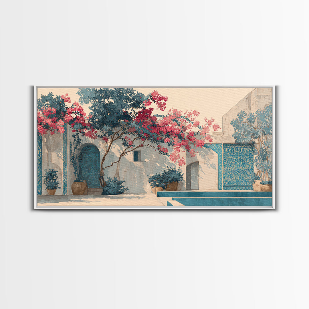Bougainvillea Cascading over Stone Wall Canvas Print, Mediterranean Art, Home Decor, Living Room Decor, Fine Art, Azure, MAR-2x1-73