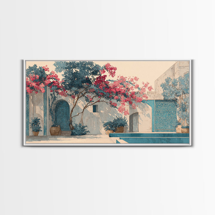 Bougainvillea Cascading over Stone Wall Canvas Print, Mediterranean Art, Home Decor, Living Room Decor, Fine Art, Azure, MAR-2x1-73