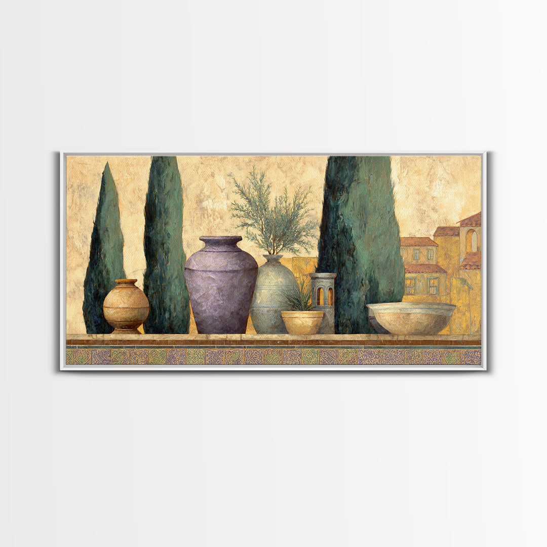 Tuscan Cypress Trees and Golden Hillside Canvas Print, Mediterranean Art, Living Room Decor, Watercolor Art, Azure, MAR-2x1-74