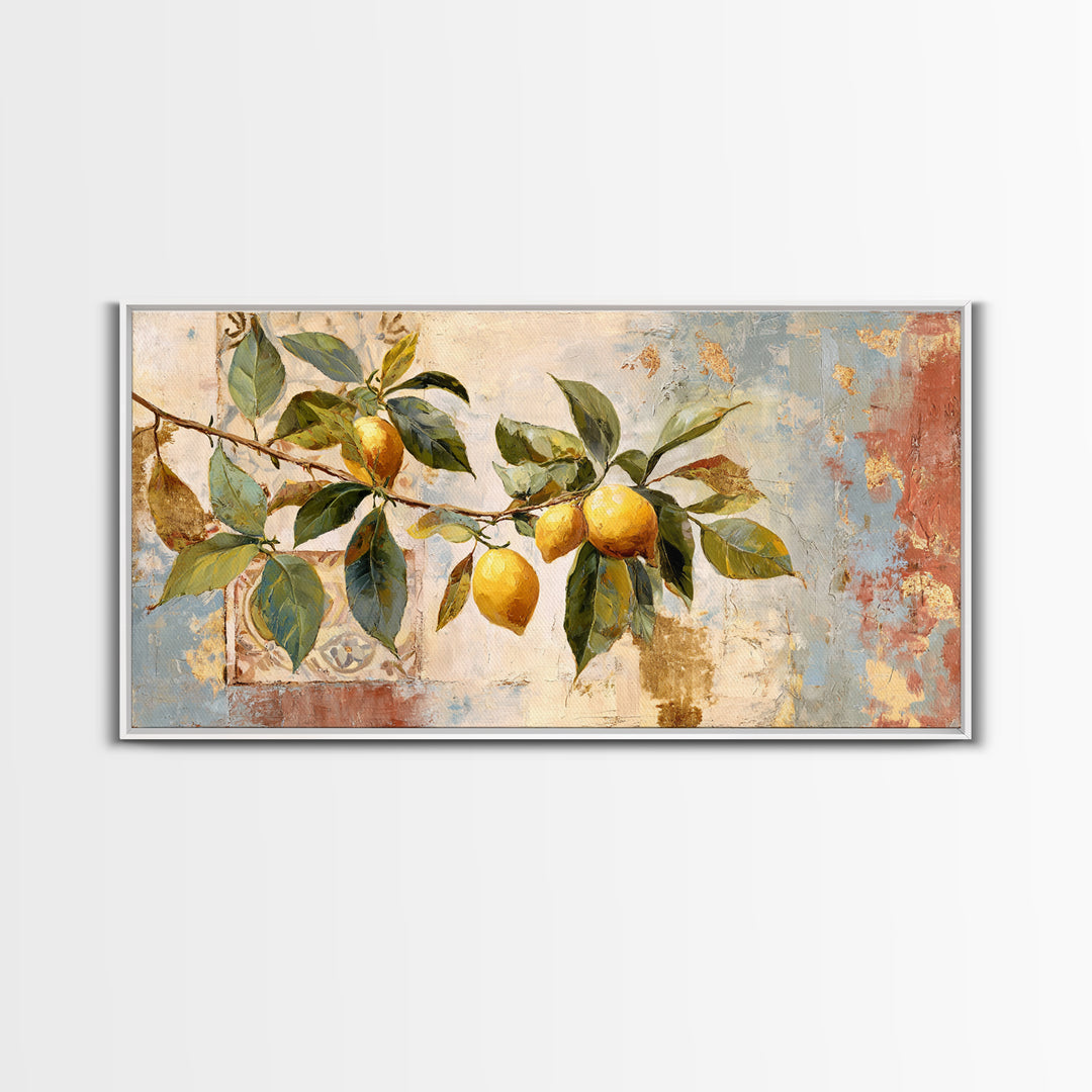 Sicilian Lemon Branch on Ivory Background Framed Canvas Print, Mediterranean Art, Original Painting, Living Room Decor, Azure, MAR-2x1-81
