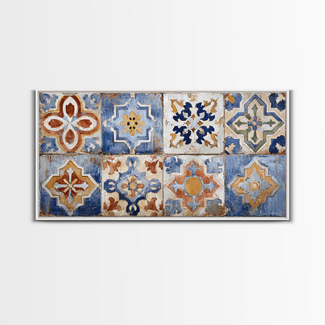Spanish Tile Ornament Framed Canvas Print, Mediterranean Art, Coastal Wall Art, Living Room Decor, Azure, Living Room Art, MAR-2x1-84