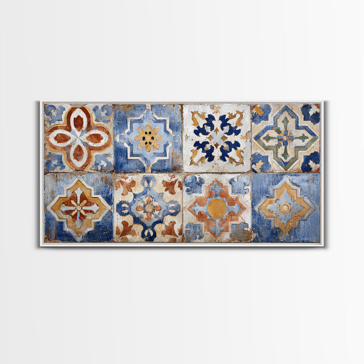 Spanish Tile Ornament Framed Canvas Print, Mediterranean Art, Coastal Wall Art, Living Room Decor, Azure, Living Room Art, MAR-2x1-84