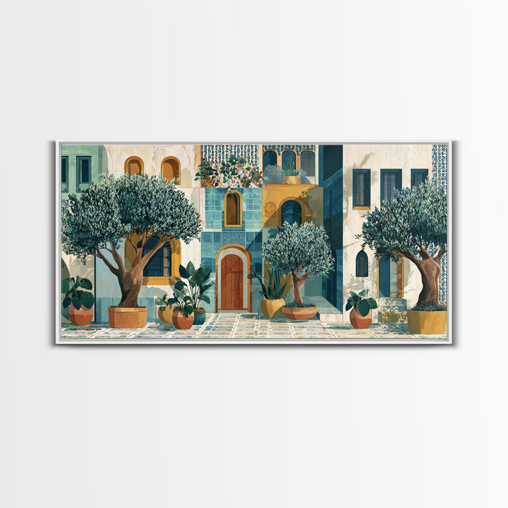 Olive Grove under Pale Morning Light Framed Canvas Print, Mediterranean Art, Oil Painting, Living Room Decor, Fine Art, Azure, MAR-2x1-85