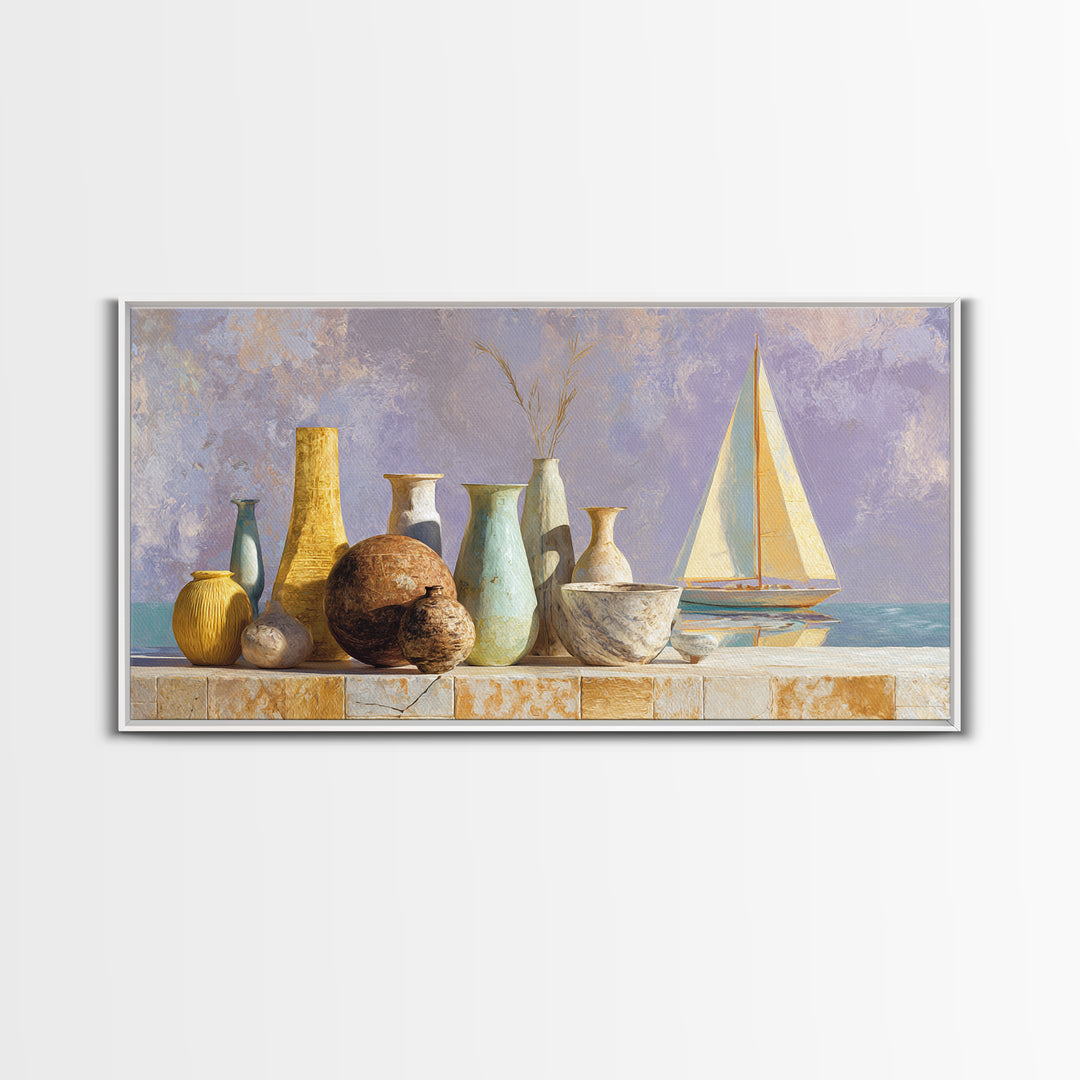 Mediterranean Sailboat on Glassy Water Framed Canvas Print, Mediterranean Art, Textured Painting, Living Room Decor, Azure, MAR-2x1-86