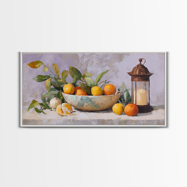 Ceramic Bowl of Oranges and Leaves Canvas Print, Mediterranean Art, Digital Wall Art, Living Room Decor, Fine Art, Azure, MAR-2x1-89