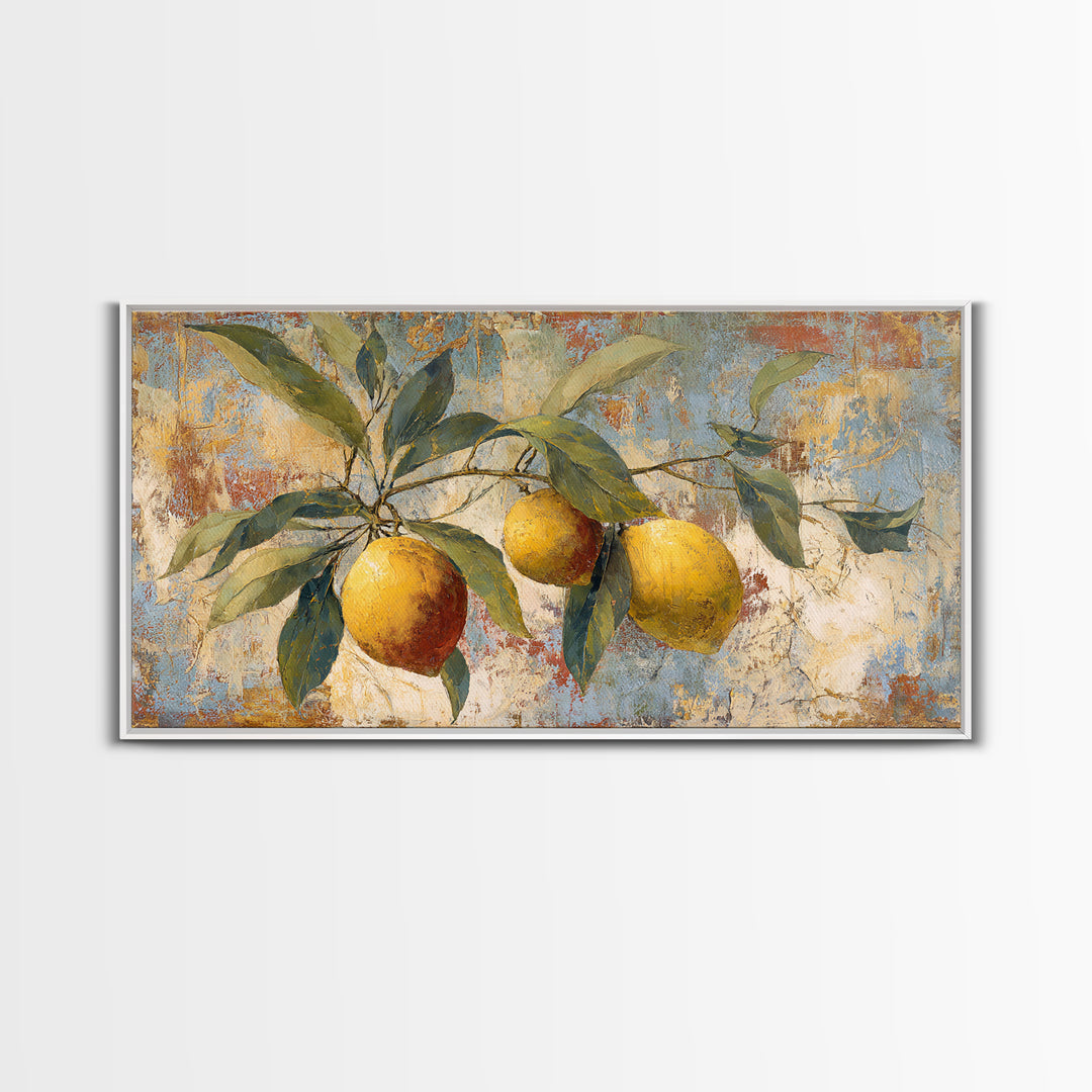 Olive Branch and Lemons on Terracotta Ground Canvas Print, Mediterranean Art, Minimalist Decor, Living Room Decor, Oil Painting, MAR-2x1-94