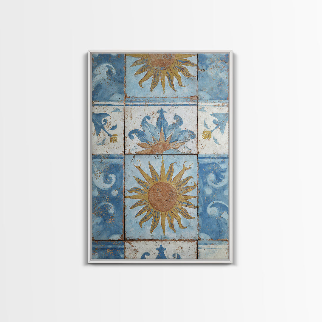 Blue and White Tile Pattern Framed Canvas Print, Mediterranean Art, Fine Art Print, Living Room Decor, Oil Painting, Azure, MAR-2x3-12
