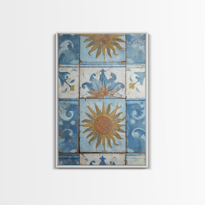 Blue and White Tile Pattern Framed Canvas Print, Mediterranean Art, Fine Art Print, Living Room Decor, Oil Painting, Azure, MAR-2x3-12