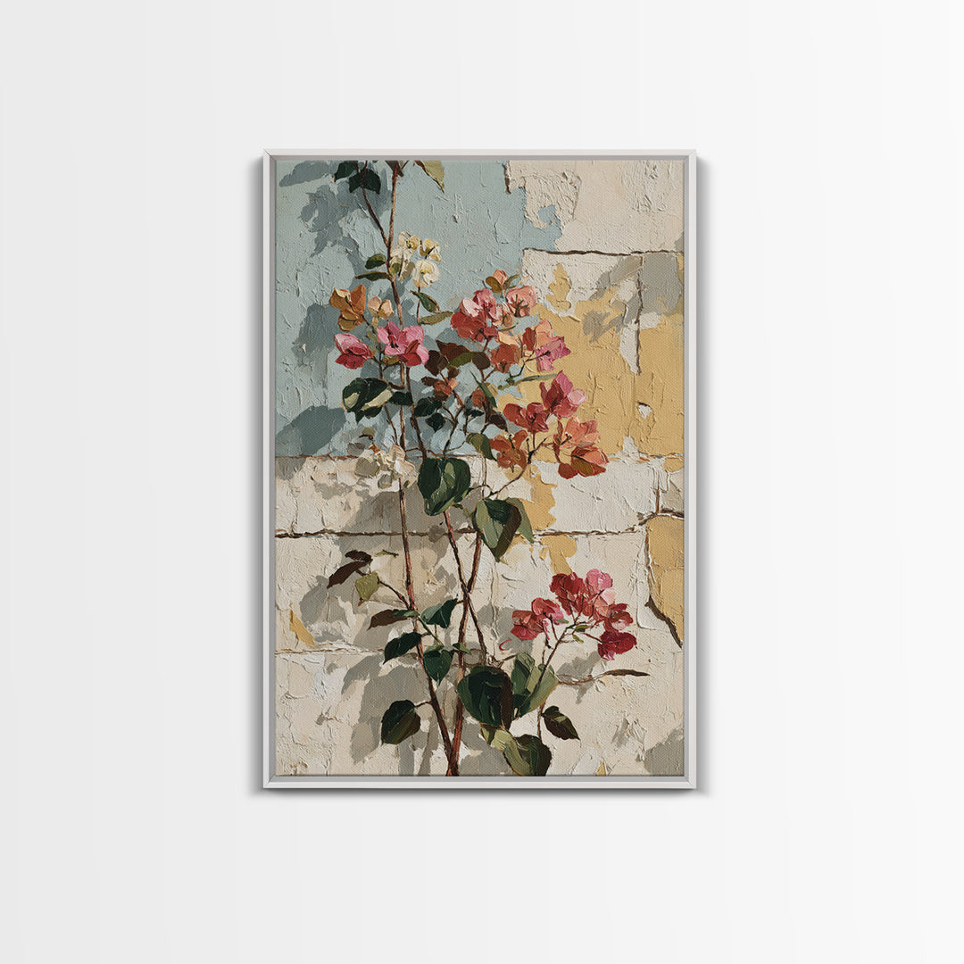 Bougainvillea Cascading over Stone Wall Framed Canvas Print, Mediterranean Art, Room Decor, Living Room Decor, Fine Art, Azure, MAR-2x3-13